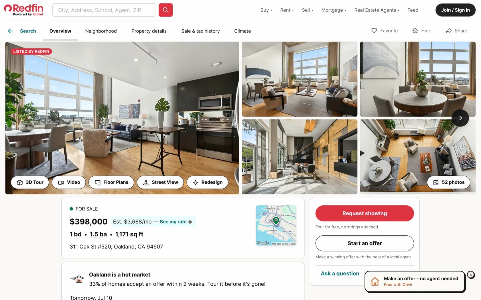 A Redfin listing for 311 Oak St in Oakland with the Ohvii make-an-offer button in the corner
