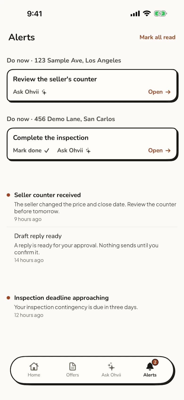 Alerts tab listing a received counter and a draft waiting for review, each with an open action
