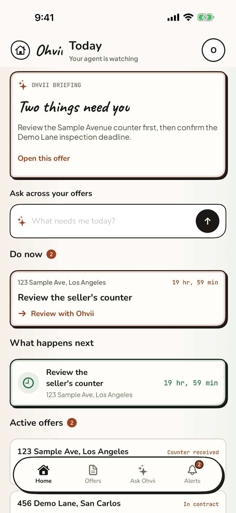 Ohvii Today briefing showing the two actions that need the buyer first