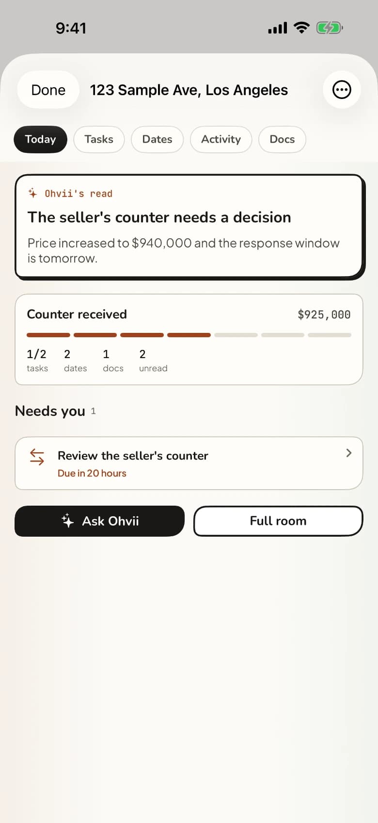Native offer pocket showing a seller counter, offer stage, key metrics, and the next action