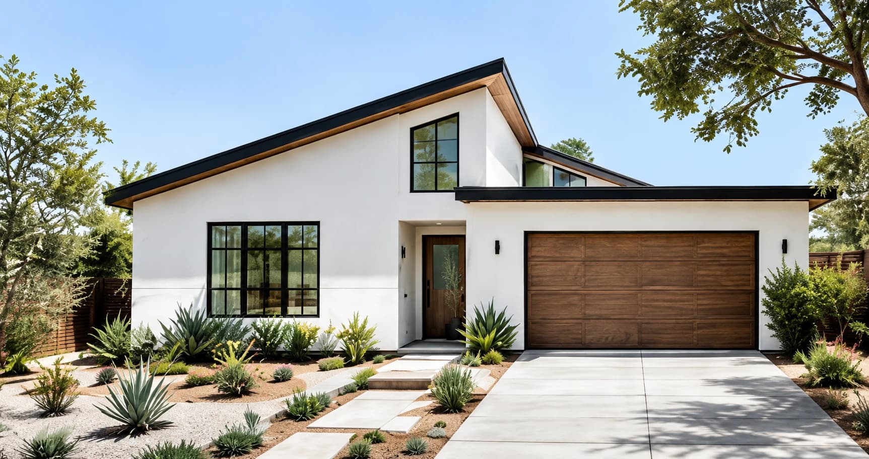 Illustrative modern home with a wood garage and drought-tolerant garden